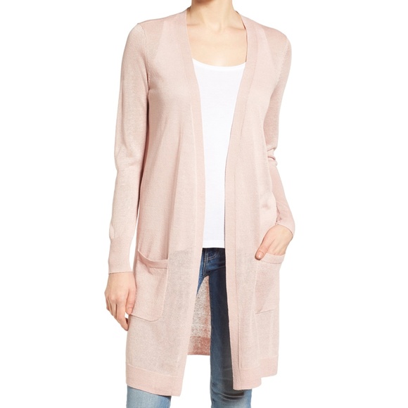 Halogen Long Open Cardigan Linen Blend with Pockets Pink Smoke Size Small - Picture 15 of 15